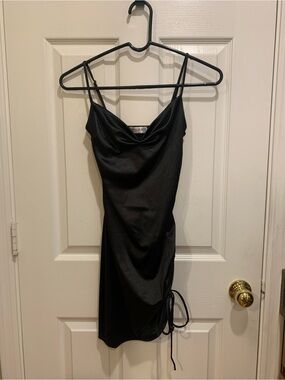 Black Satin Slip Dress with Adjustable Side Tie